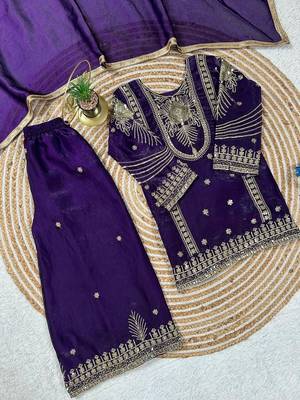 Purple embroidered sequence work fendy silk kids kurta set 3