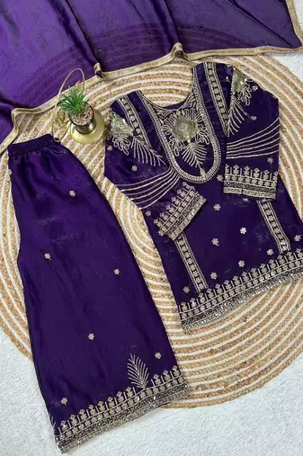 Purple embroidered sequence work fendy silk kids kurta set