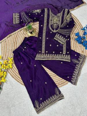 Purple embroidered sequence work fendy silk kids kurta set 4