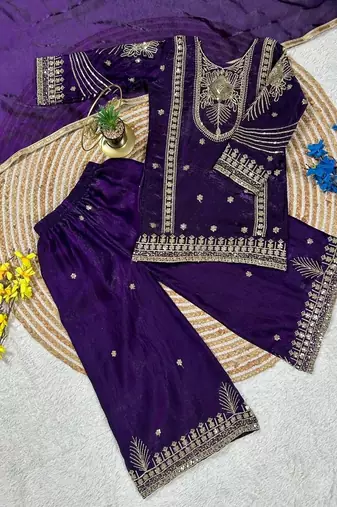 Purple embroidered sequence work fendy silk kids kurta set