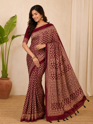 red ajarakh print with mirror and beautiful tussle crepe silk saree 1