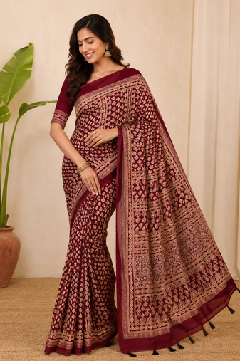 red ajarakh print with mirror and beautiful tussle crepe silk saree