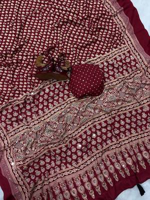 red ajarakh print with mirror and beautiful tussle crepe silk saree 2