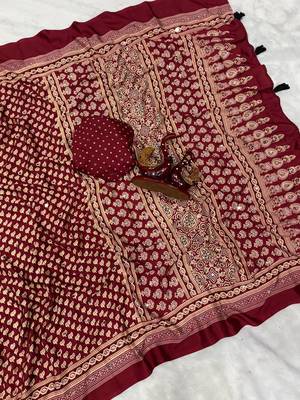 red ajarakh print with mirror and beautiful tussle crepe silk saree 3