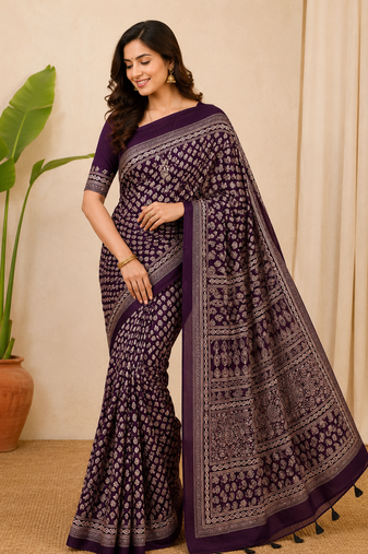 plum ajarakh print with mirror and beautiful tussle crepe silk saree