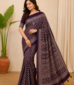 plum ajarakh print with mirror and beautiful tussle crepe silk saree