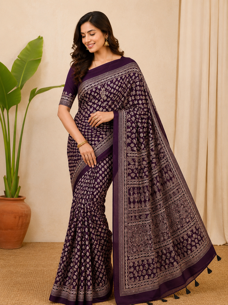plum ajarakh print with mirror and beautiful tussle crepe silk saree
