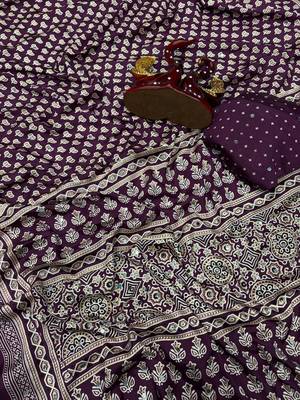 plum ajarakh print with mirror and beautiful tussle crepe silk saree 2