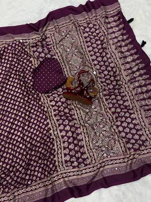 plum ajarakh print with mirror and beautiful tussle crepe silk saree 3