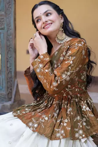 Designer Readymade Crop Top Lehenga Set with Sequins & Mirror Work