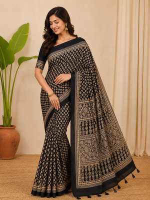 black ajarakh print with mirror and beautiful tussle crepe silk saree 1