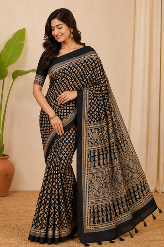 black ajarakh print with mirror and beautiful tussle crepe silk saree