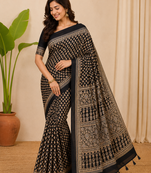black ajarakh print with mirror and beautiful tussle crepe silk saree
