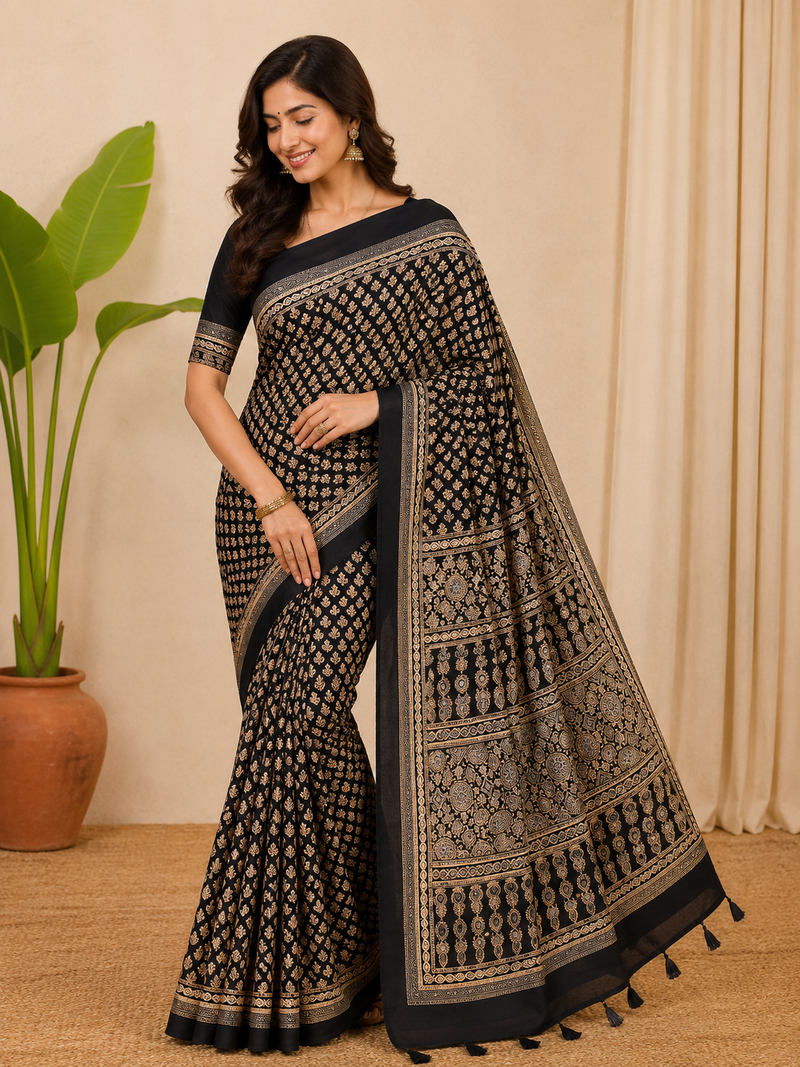 black ajarakh print with mirror and beautiful tussle crepe silk saree