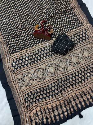 black ajarakh print with mirror and beautiful tussle crepe silk saree 2