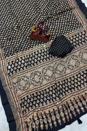 black ajarakh print with mirror and beautiful tussle crepe silk saree