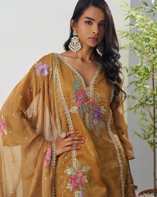Brown thraed embroidery , beads & sequins free size stitched straight salwar suit for women 2