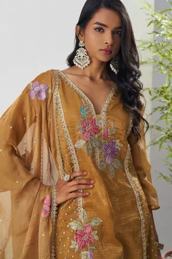 Brown thraed embroidery , beads & sequins free size stitched straight salwar suit for women