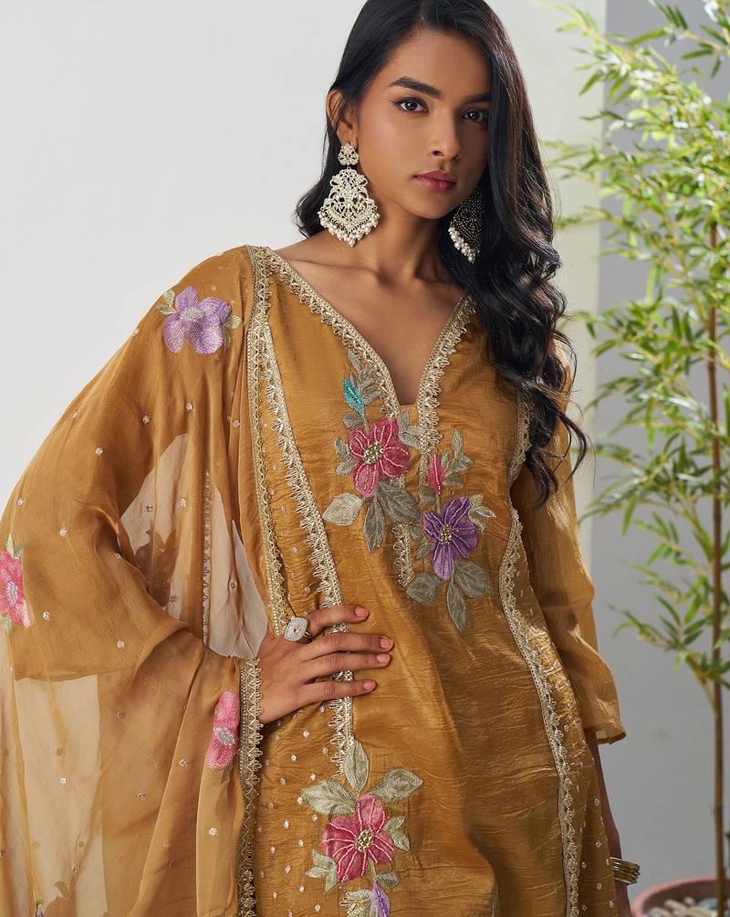 Brown thraed embroidery , beads & sequins free size stitched straight salwar suit for women