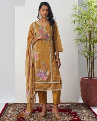Brown thraed embroidery , beads & sequins free size stitched straight salwar suit for women 1