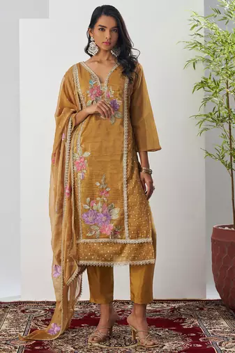 Brown thraed embroidery , beads & sequins free size stitched straight salwar suit for women