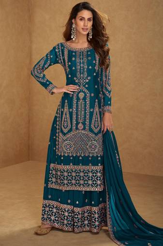 Teal blue embroidered and sequins free size stitched straight salwar suit for women