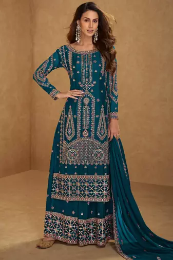 Teal blue embroidered and sequins free size stitched straight salwar suit for women