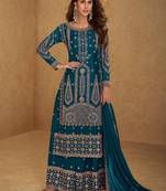 Teal blue embroidered and sequins free size stitched straight salwar suit for women