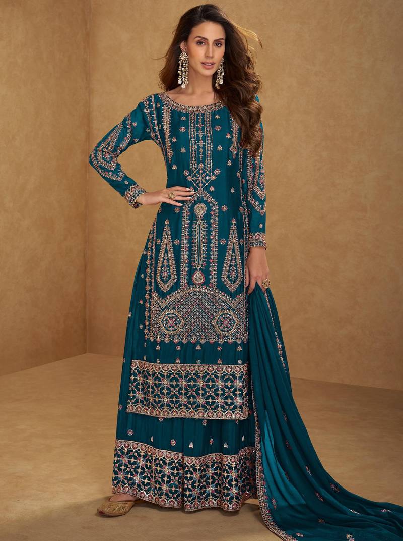 Teal blue embroidered and sequins free size stitched straight salwar suit for women