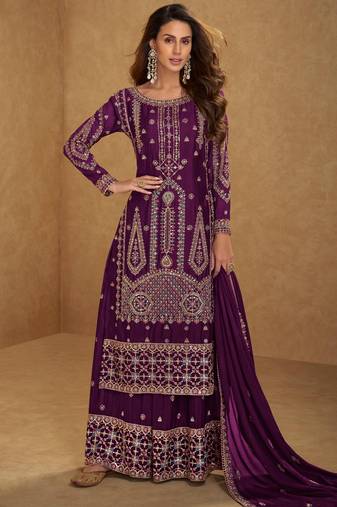 Wine embroidered and sequins free size stitched straight salwar suit for women