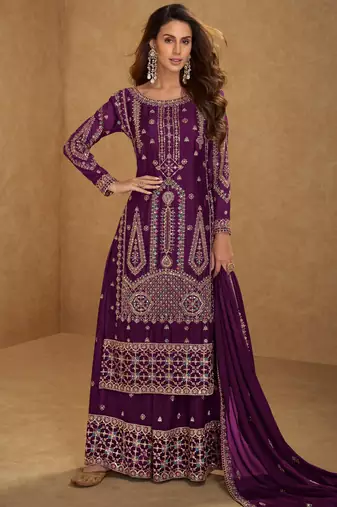 Wine embroidered and sequins free size stitched straight salwar suit for women