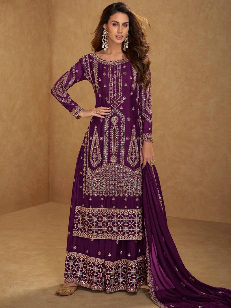 Wine embroidered and sequins free size stitched straight salwar suit for women
