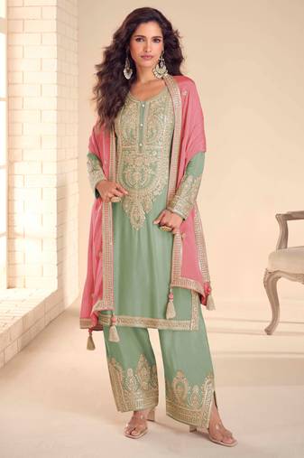 Sea green embroidered & sequins free size stitched straight salwar suit for women