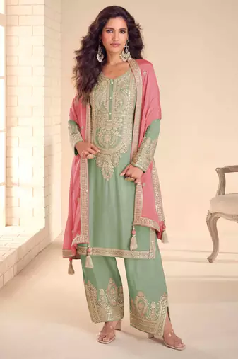 Sea green embroidered & sequins free size stitched straight salwar suit for women