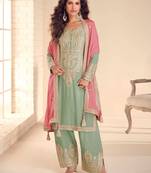 Sea green embroidered & sequins free size stitched straight salwar suit for women