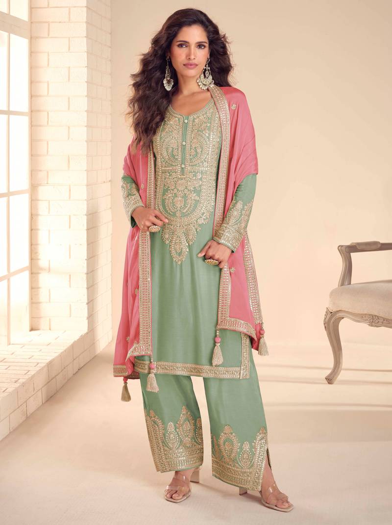 Sea green embroidered & sequins free size stitched straight salwar suit for women