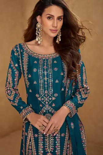 Teal blue embroidered and sequins free size stitched straight salwar suit for women
