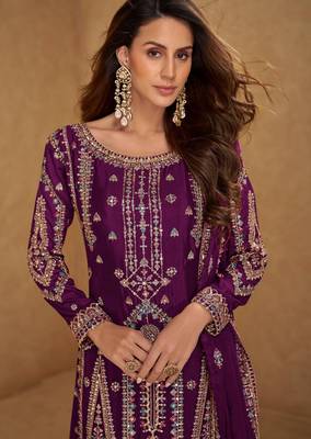 Wine embroidered and sequins free size stitched straight salwar suit for women 2