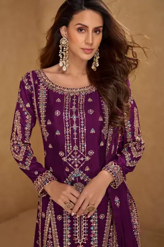 Wine embroidered and sequins free size stitched straight salwar suit for women