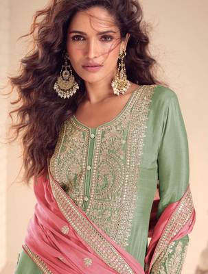 Sea green embroidered & sequins free size stitched straight salwar suit for women 2
