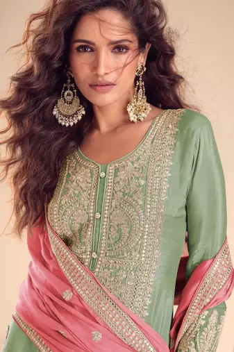 Sea green embroidered & sequins free size stitched straight salwar suit for women