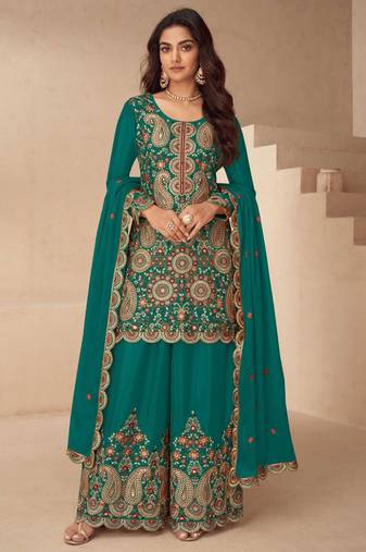 Teal green heavy embroidered in thread and zari work free size stitched straight salwar suit for women