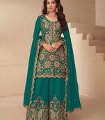 Teal green heavy embroidered in thread and zari work free size stitched straight salwar suit for women