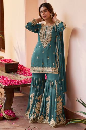 Sea green embroidered , stone & sequins free size stitched straight salwar suit for women