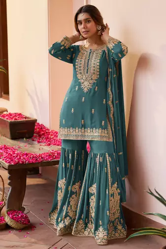 Sea green embroidered , stone & sequins free size stitched straight salwar suit for women