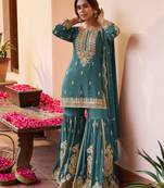 Sea green embroidered , stone & sequins free size stitched straight salwar suit for women