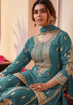 Sea green embroidered , stone & sequins free size stitched straight salwar suit for women 2