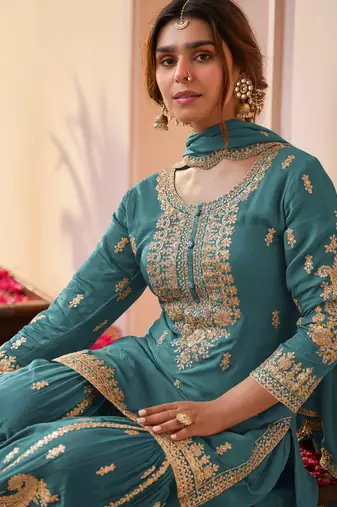 Sea green embroidered , stone & sequins free size stitched straight salwar suit for women
