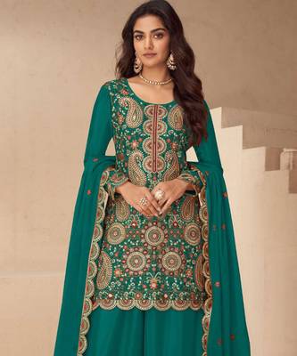 Teal green heavy embroidered in thread and zari work free size stitched straight salwar suit for women 2