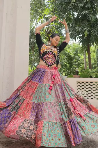 Navratri Special Multicolour Lehenga Choli Set for Women – Cotton Printed Garba Wear with Kutchi Gamthi Work